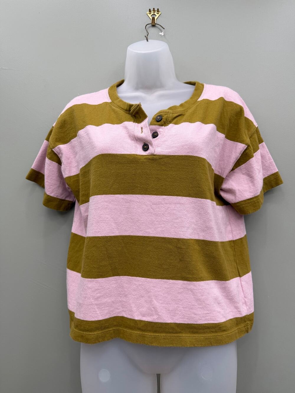 Madewell Parkview Henley Tee M Spiced Olive Pink Rugby Stripe Cropped